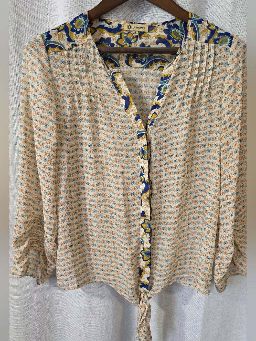 Democracy Mixed Print Tie Front Boho Blouse Medium Blue Yellow
